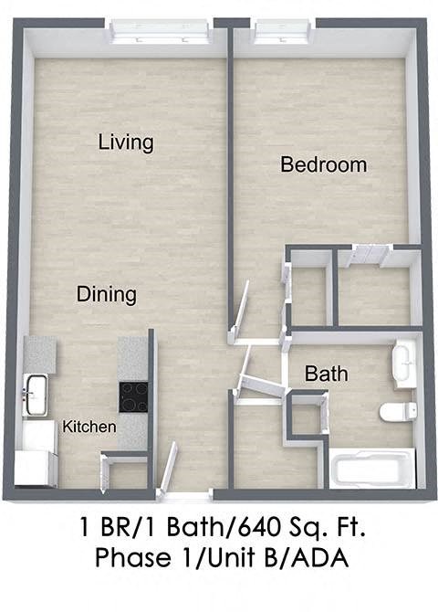 Floor plan for 1 bed, 1 bath, 634 sqft